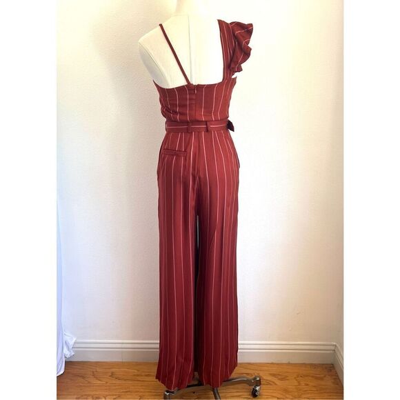Three Floor Margaux Jumpsuit Rust Striped One-Shoulder Ruffle Belted Size 4 - Picture 12 of 15